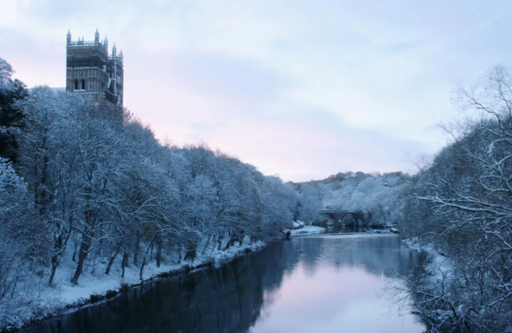 Durham in winter - view of the cathedral and river