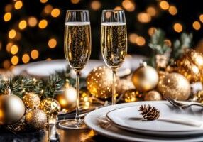 Christmas Day lunch champagne glasses for a dinner party with christmas decorations